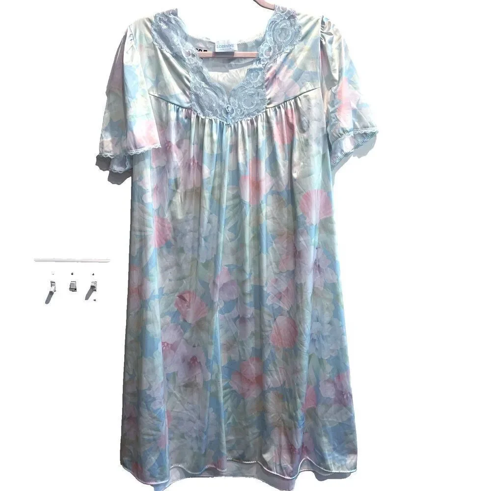 Lorraine Womens Pastel Blue Night Gown Robe Set OS Floral Vintage Short Sleeve